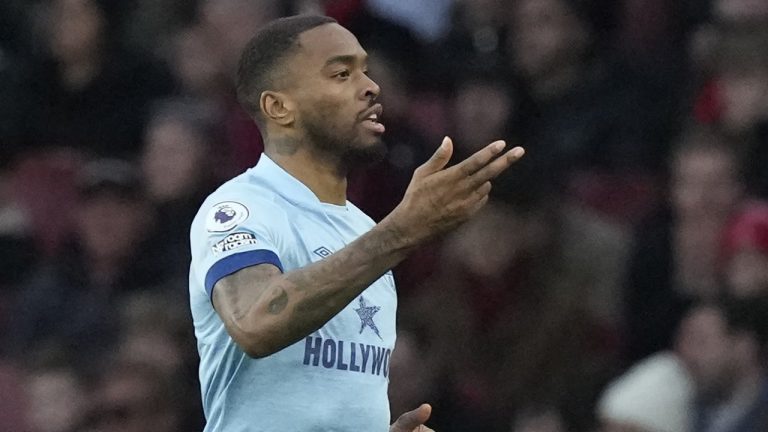 Brentford's Ivan Toney celebrates after scoring his side's first goal goal during the English Premier League soccer match between Arsenal and Brentford at Emirates stadium in London, Saturday, Feb. 11, 2023. (Frank Augstein/AP)