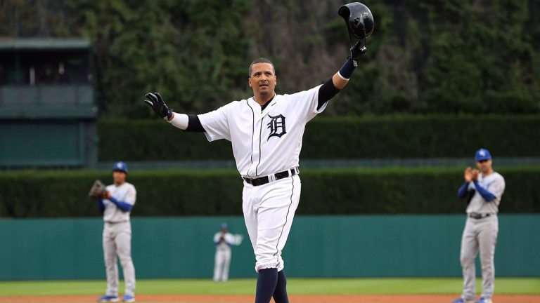 Detroit Tigers designated hitter Victor Martinez acknowledges the fans after his single against the Kansas City Royals during the first inning of a baseball game Saturday, Sept. 22, 2018, in Detroit. Martinez, playing in his final game, was taken out of the lineup after the single. (Carlos Osorio/AP)