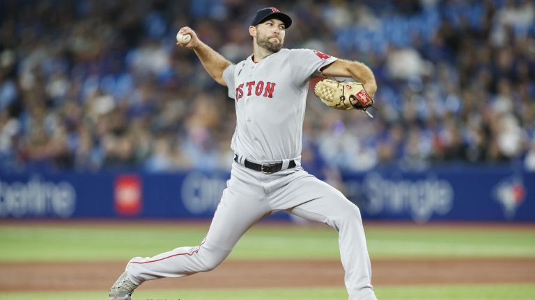 Former Boston Red Sox starting pitcher Michael Wacha (52) throws in the first inning of their American League MLB baseball game against the Toronto Blue Jays in Toronto on Sunday, October 2, 2022. (Cole Burston/CP)