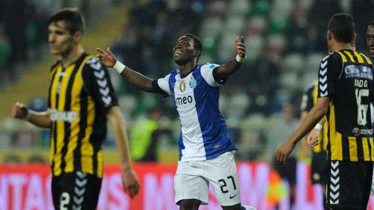 FC Porto's Christian Atsu from Ghana celebrates after scoring the opening goal against Beira-Mar in a Portuguese League soccer match at the Municipal Stadium in Aveiro, Portugal, Friday, Feb. 15, 2013. (Paulo Duarte/AP Photo)