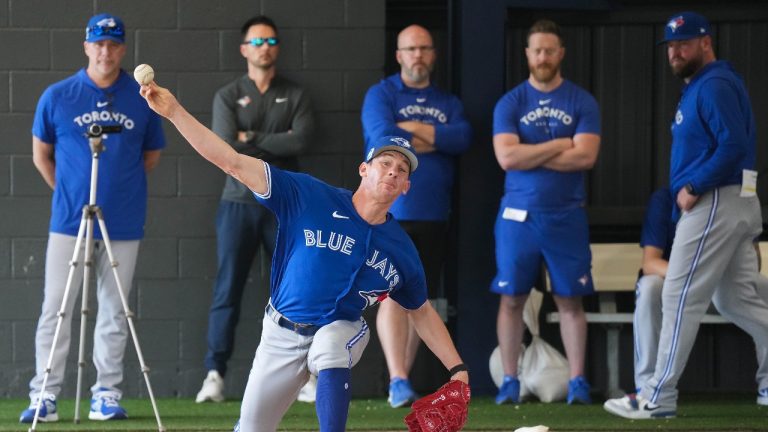 Toronto Blue Jays pitcher Chris Bassitt throws a pitching session during baseball spring training in Dunedin, Fla., on Friday, February 17, 2023. (Nathan Denette/CP)