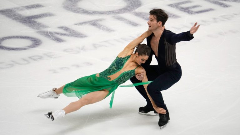 Laurence Fournier Beaudry and Nikolaj Sorensen, of Canada, perform in the ice dance rhythm dance program at the Four Continents Figure Skating Championships, Friday, Feb. 10, 2023, in Colorado Springs, Colo. (David Zalubowski/AP)