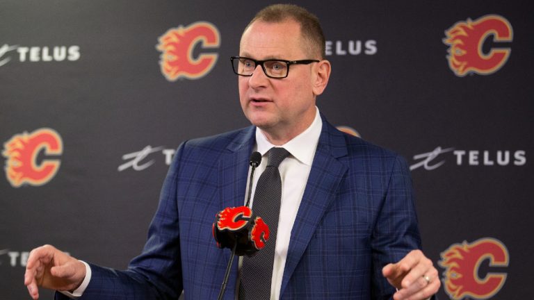 Calgary Flames General Manager Brad Treliving speaks at a press conference in Calgary on Friday, Nov. 29, 2019. (Larry MacDougal/CP)