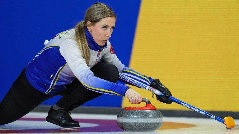 British Columbia skip Clancy Grandy delivers a rock while playing Alberta at the Scotties Tournament of Hearts, in Kamloops, B.C., on Thursday, February 23, 2023. (Darryl Dyck/CP)