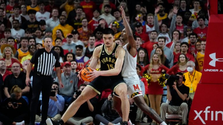 Purdue center Zach Edey, left, works his way toward the basket against Maryland forward Julian Reese during the second half of an NCAA college basketball game, Thursday, Feb. 16, 2023, in College Park, Md. Maryland won 68-54. (Julio Cortez/AP Photo)