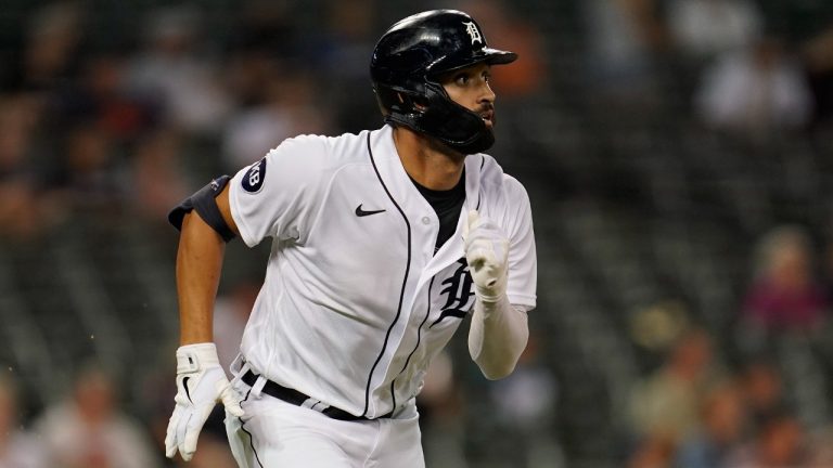 Detroit Tigers' Riley Greene rounds first base on a one-run triple against the Seattle Mariners in the eighth inning of a baseball game in Detroit, Tuesday, Aug. 30, 2022. (Paul Sancya/AP)