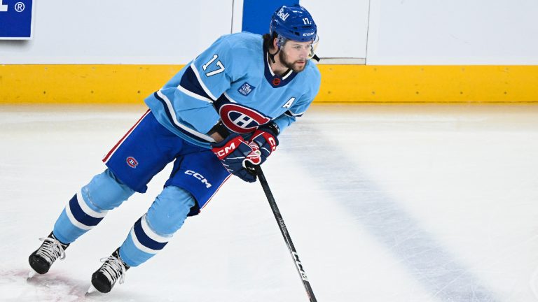 Montreal Canadiens' Josh Anderson skates prior to an NHL hockey game against the Florida Panthers in Montreal, Thursday, January 19, 2023. (Graham Hughes/CP)