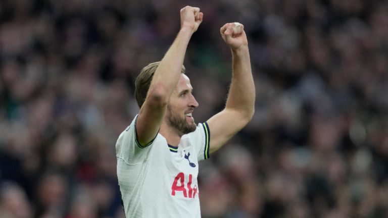 Tottenham's Harry Kane celebrates after scoring the opening goal during an English Premier League soccer match between Tottenham Hotspur and Manchester City at the Tottenham Hotspur Stadium in London, Sunday, Feb. 5, 2023. (Kin Cheung/AP) 