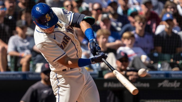 Seattle Mariners' Dylan Moore hits a three-run home run off Cleveland Guardians starting pitcher Aaron Civale during the fifth inning of a baseball game, Sunday, Aug. 28, 2022, in Seattle. (Stephen Brashear/AP)