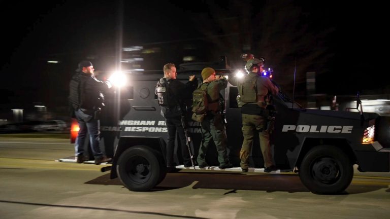 First responders are on the scene at Michigan State University following shootings on campus in East Lansing, Mich., Monday, Feb. 13, 2023. (Matthew Dae Smith/Lansing State Journal via AP)