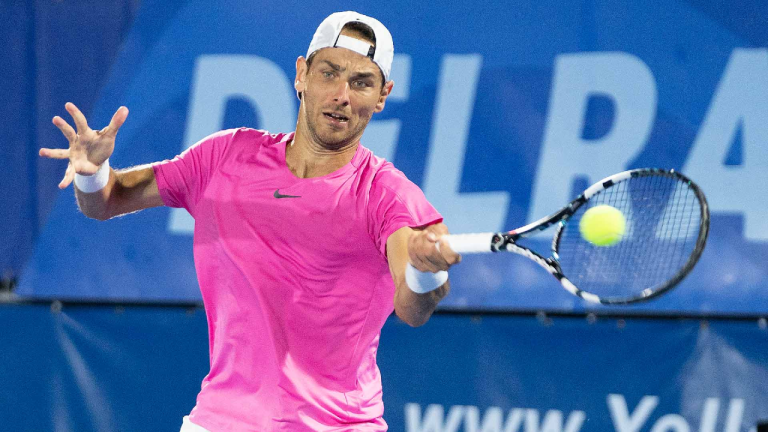 ATP player Matija Pecotic upset former top 10 star Jack Sock to reach the second round at the Delray Beach Open on Feb. 14, 2023. (ATP)