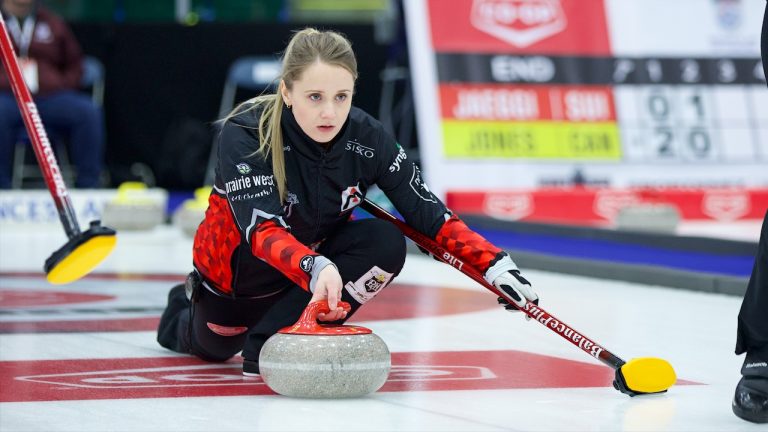 Team Lawes second Jocelyn Peterman delivers a rock during the Co-op Canadian Open on Friday, Jan. 13, 2023, in Camrose, Alta. (Anil Mungal/GSOC)