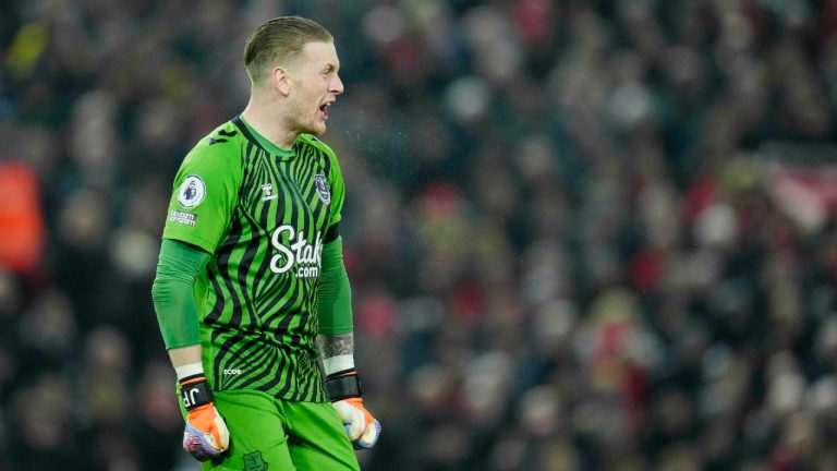 Everton's goalkeeper Jordan Pickford reacts during the English Premier League soccer match between Liverpool and Everton at the Anfield stadium in Liverpool, England, Monday, Feb. 13, 2023. (Jon Super/AP)