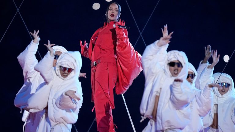 Rihanna performs during the halftime show at the NFL Super Bowl 57 football game between the Kansas City Chiefs and the Philadelphia Eagles, Sunday, Feb. 12, 2023, in Glendale, Ariz. (Brynn Anderson/AP)