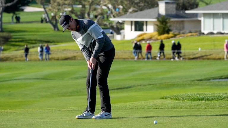 Justin Rose, of England, follows his putt on the fourth green of the Pebble Beach Golf Links during the fourth round of the AT&T Pebble Beach Pro-Am golf tournament in Pebble Beach, Calif., Sunday, Feb. 5, 2023. (Godofredo A. Vásquez/AP)