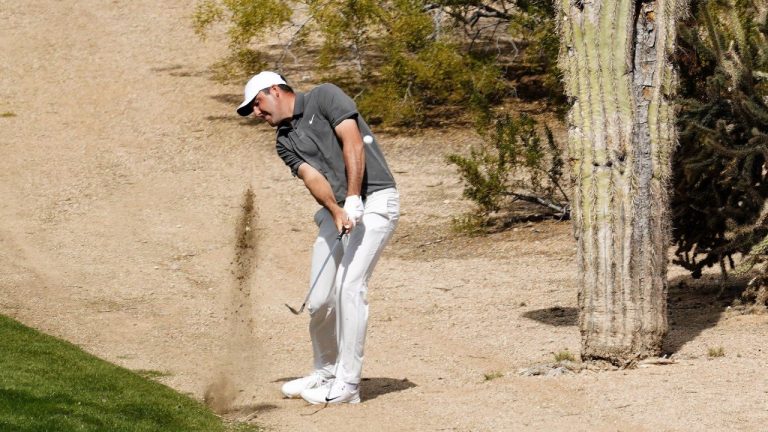 Scottie Scheffler hits from just off the fairway on the second hole during the third round of the Phoenix Open golf tournament, Saturday Feb. 11, 2023, in Scottsdale, Ariz. (Darryl Webb/CP)