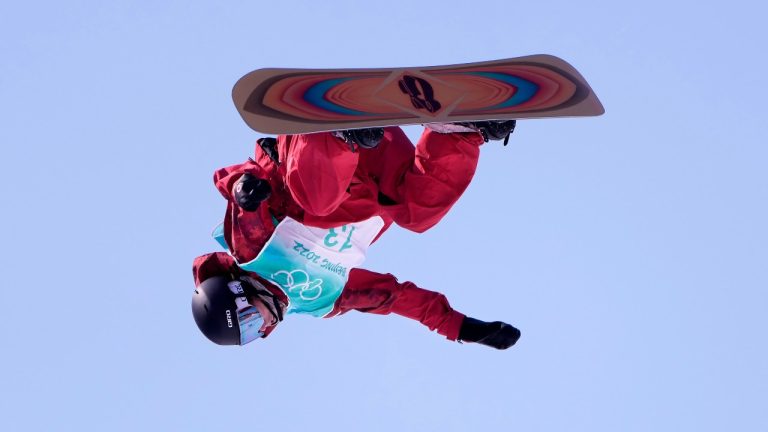 Canada's Darcy Sharpe competes during the men's snowboarding big air final at the Beijing Olympic Winter Games in Beijing, Tuesday, Feb. 15, 2022. (Paul Chiasson/THE CANADIAN PRESS)