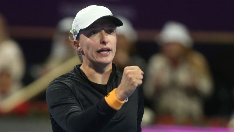 Iga Swiatek of Poland reacts during her match against Jessica Pegula of the United States at the e final of the Qatar Open WTA tennis tournament in Doha, Qatar. (Hussein Sayed/AP)