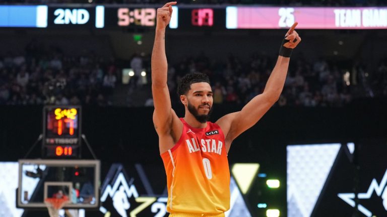 Jayson Tatum #0 of Team Giannis celebrates during the NBA All-Star Game as part of 2023 NBA All Star Weekend on Sunday, February 19, 2023 at Vivint Arena in Salt Lake City, Utah.  (Photo by Jesse D. Garrabrant/NBAE via Getty Images)