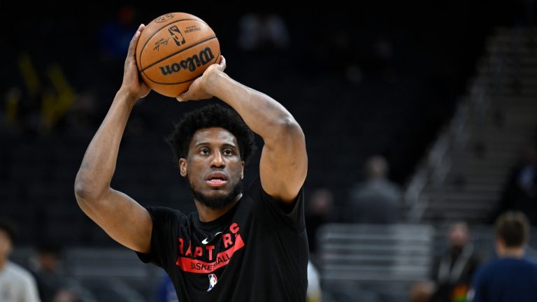 Toronto Raptors forward Thaddeus Young warms up before an NBA basketball game against the Indiana Pacers, Saturday, Nov. 12, 2022, in Indianapolis, Ind. (Marc Lebryk/AP Photo)