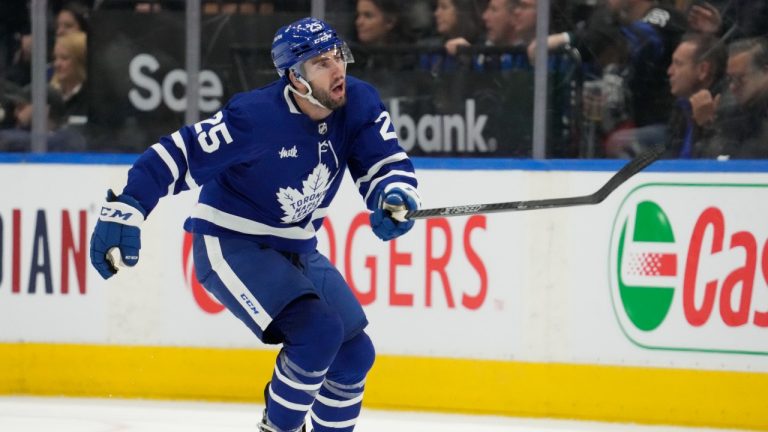 Toronto Maple Leafs defenceman Conor Timmins (25) skates up ice during first period NHL action against the Nashville Predators in Toronto on Wednesday January 11, 2023. (Frank Gunn/THE CANADIAN PRESS)