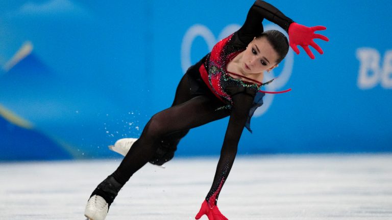 Valieva, of the Russian Olympic Committee, falls in the women's free skate program during the figure skating competition at the 2022 Winter Olympics on Feb. 17, 2022, in Beijing. (AP-Bernat Armangue/CP)