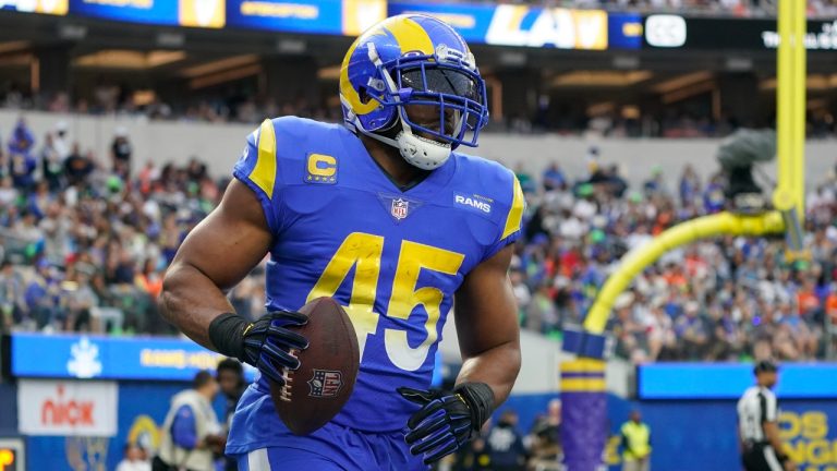 Los Angeles Rams linebacker Bobby Wagner celebrates after an interception during the first half of an NFL football game between the Los Angeles Rams and the Denver Broncos on Sunday, Dec. 25, 2022, in Inglewood, Calif. (Marcio J. Sanchez/AP)