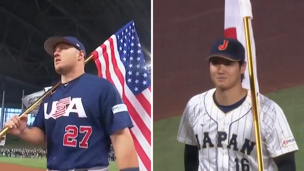 FOX Sports: MLB on X: Already getting chills. Mike Trout leads  @USABaseball to the field. Ohtani leads Team Japan. 🇺🇸