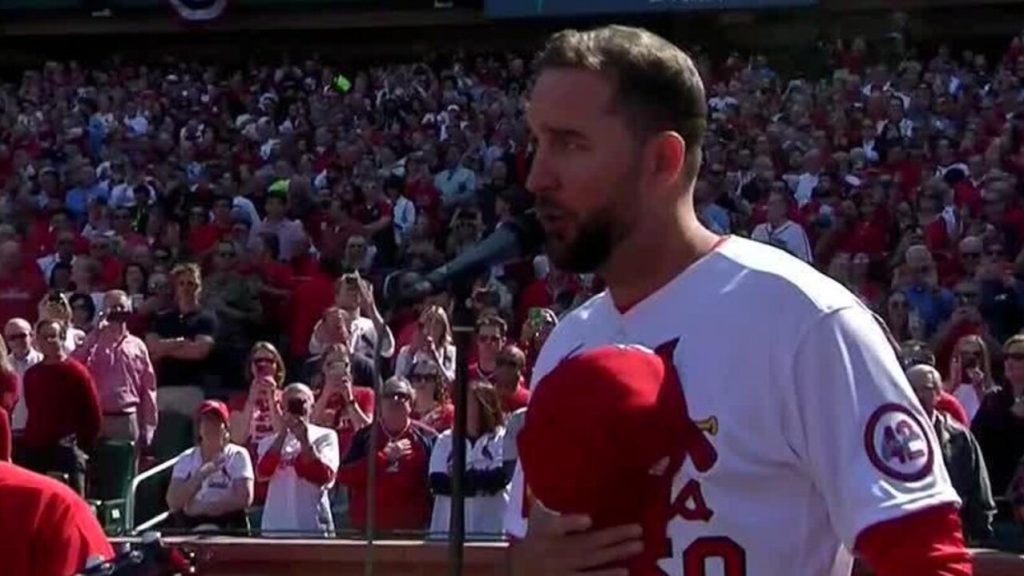 The St. Louis Cardinals line up during the national anthem wearing Jackie  Robinson's No. 42 jersey before action against the Milwaukee Brewers on  Wednesday, April 15, 2015, at Busch Stadium in St.