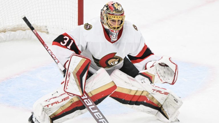 Ottawa Senators goaltender Anton Forsberg during an NHL hockey game against the Montreal Canadiens in Montreal, Tuesday, January 31, 2023. (Graham Hughes/CP)