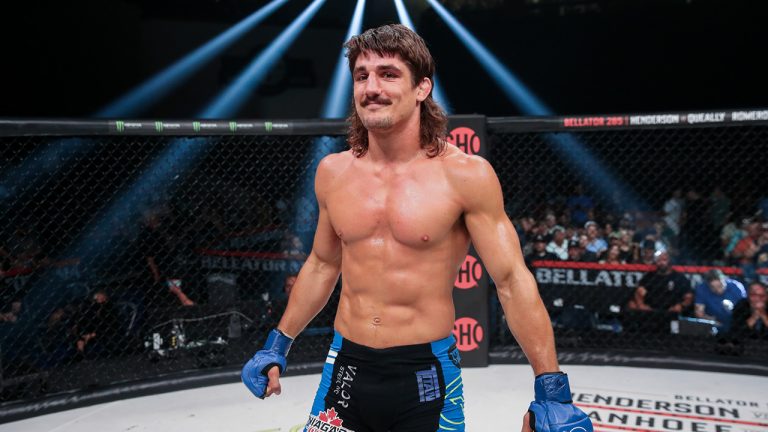 Canadian middleweight Aaron Jeffery celebrates his TKO win over American Austin (The Gentleman) Vanderford at Bellator 284 on Aug. 12, 2022 in Sioux Falls, S.C.  (Lucas Noona/HO-Bellator via CP)