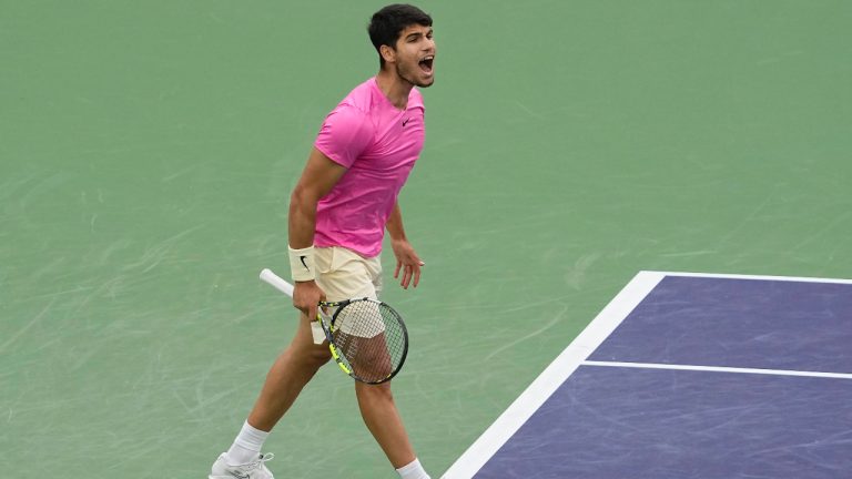 Carlos Alcaraz, of Spain, celebrates after defeating Daniil Medvedev, of Russia, during the men's singles final at the BNP Paribas Open tennis tournament Sunday, March 19, 2023, in Indian Wells, Calif. (Mark J. Terrill/AP)