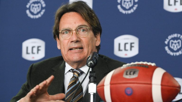 Pierre Karl Peladeau speaks during a news conference in Montreal, Friday, March 10, 2022, announcing him as the new owner of the Montreal Alouettes CFL football team. (Graham Hughes/CP)