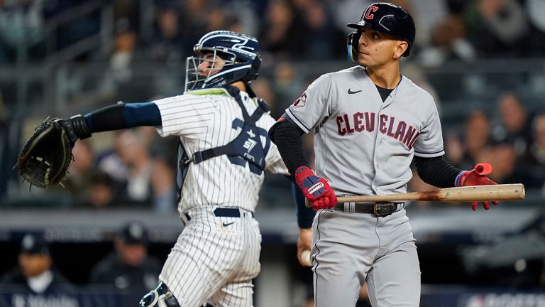 Cleveland Guardians Andres Gimenez reacts after striking out during the seventh inning of Game 5 of an American League Division baseball series against the New York Yankees, Tuesday, Oct. 18, 2022, in New York. (John Minchillo/AP)