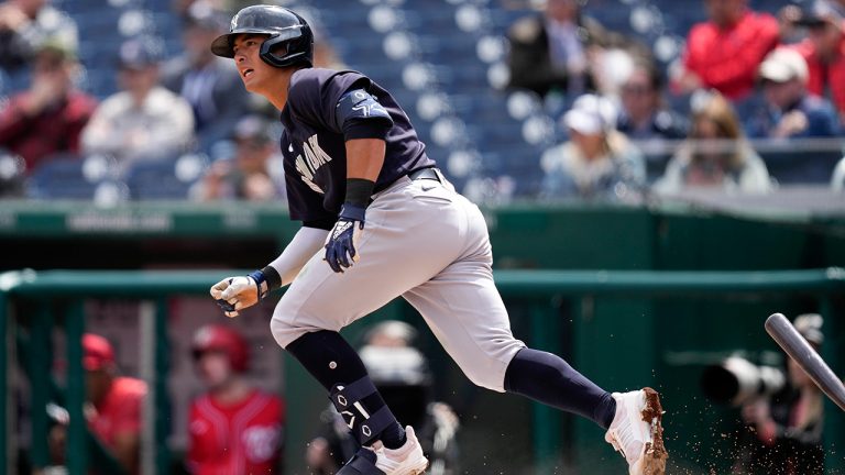 New York Yankees' Anthony Volpe singles in the third inning of an exhibition baseball game against the Washington Nationals, Tuesday, March 28, 2023, in Washington. (Patrick Semansky/AP)