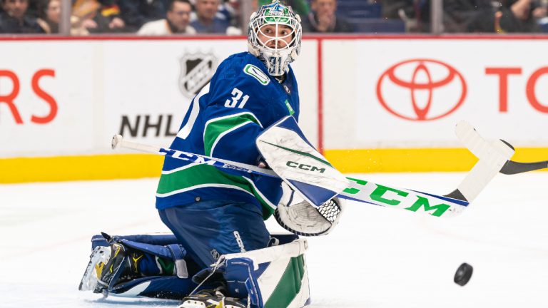 Vancouver Canucks goalie Arturs Silovs makes a save against the Nashville Predators during second period NHL hockey action in Vancouver, B.C., Monday, March 6, 2023. (Rich Lam/CP)