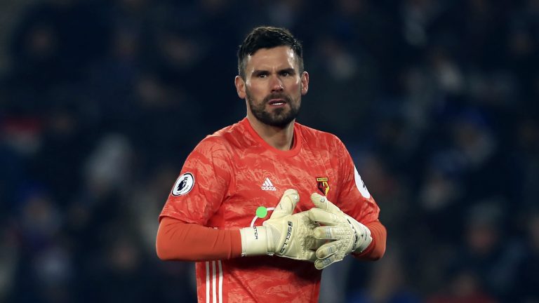 Watford's goalkeeper Ben Foster during the English Premier League soccer match between Leicester City and Watford at the King Power Stadium, in Leicester, England, Dec. 4, 2019. Former Manchester United goalkeeper Ben Foster has come out of retirement to sign for Wrexham, it was announced Thursday, March 23, 2023. The Welsh soccer team is owned by Hollywood stars Ryan Reynolds and Rob McElhenney. (Leila Coker/AP)