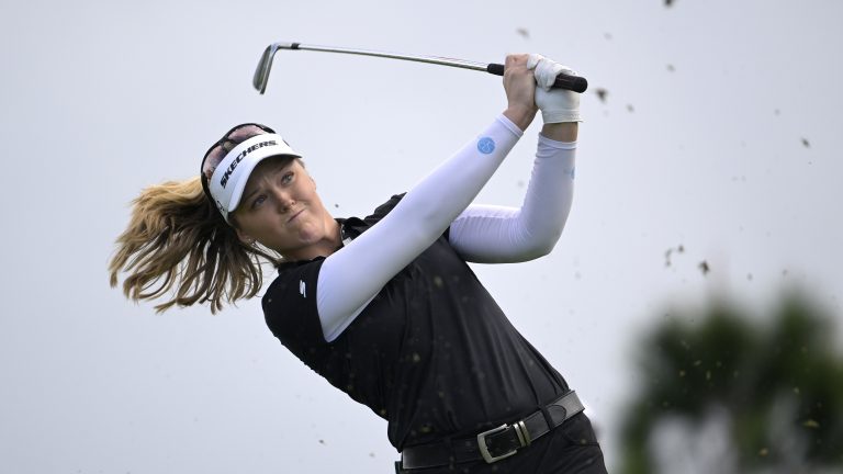 Brooke Henderson, of Canada, tees off on the ninth hole during the first round of the LPGA Pelican Women's Championship golf tournament at Pelican Golf Club, Friday, Nov. 11, 2022, in Belleair, Fla. (Phelan M. Ebenhack/AP)