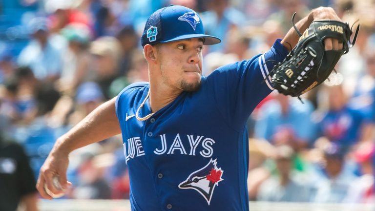 Toronto Blue Jays starting pitcher Jose Berrios throws against the Philadelphia Phillies during the first inning of spring training baseball action in Dunedin, Fla., on Sunday, March 5, 2023. (Fred Thornhill/THE CANADIAN PRESS)