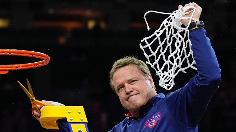 Kansas head coach Bill Self cuts the net after their win against North Carolina in a college basketball game at the finals of the Men's Final Four NCAA tournament, Monday, April 4, 2022, in New Orleans. (Brynn Anderson/AP)