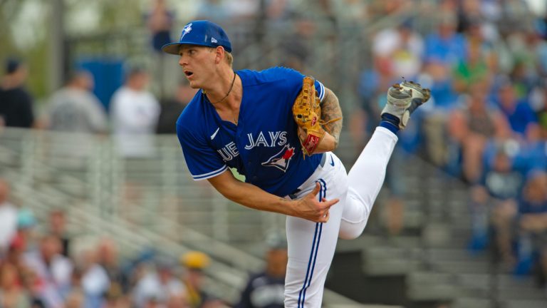 Toronto Blue Jays’ Bowden Francis delivers a pitch during a spring training game against the New York Yankees at TD Ballpark in Dunedin, Fla. (Mark Taylor/CP)