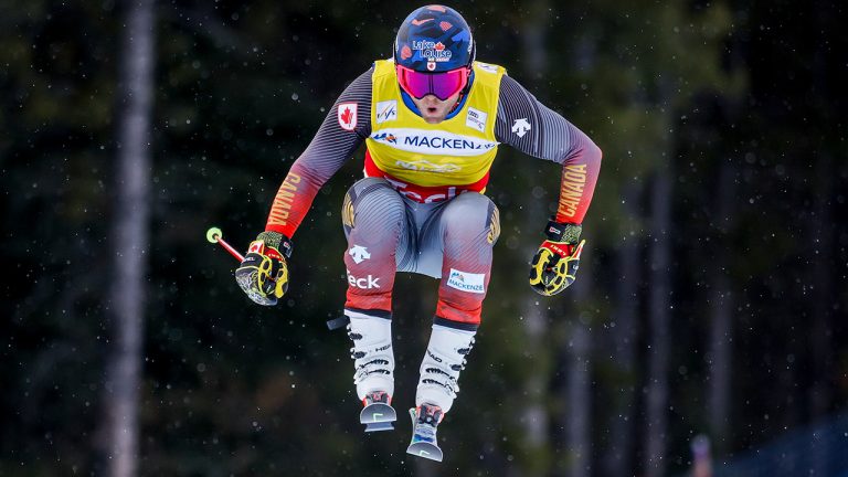 Canada's Brady Leman skis during the men's semi-final at the World Cup ski cross event at Nakiska Ski Resort in Kananaskis, Alta., Saturday, Jan. 15, 2022. (Jeff McIntosh/CP)