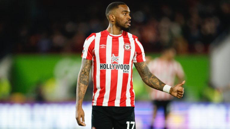 Brentford's Ivan Toney gestures during the English Premier League soccer match between Brentford and Fulham at Brentford Community Stadium in Brentford, West London, Monday, March 6, 2023. (David Cliff/AP)