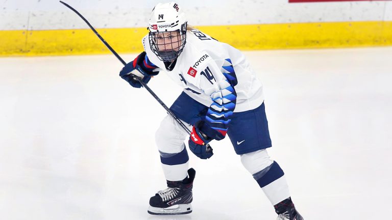 USA's Brianna Decker winds up for a shot during IIHF women's hockey World Championship play in Calgary, Alta. on Aug. 28, 2021.(Larry MacDougal/CP)