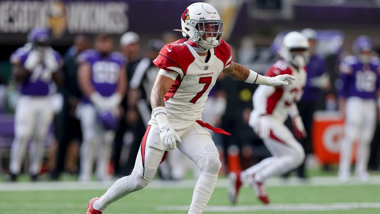 Arizona Cardinals cornerback Byron Murphy Jr. plays during the second half of an NFL football game against the Minnesota Vikings, Sunday, Oct. 30, 2022 in Minneapolis.(Stacy Bengs/AP)