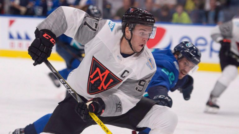 Team North America's Connor McDavid skates to the net as Team Europe's Roman Josi defends during first period of a pre-tournament game at the World Cup of Hockey, Thursday, September 8, 2016 in Quebec City. (Jacques Boissinot/CP)