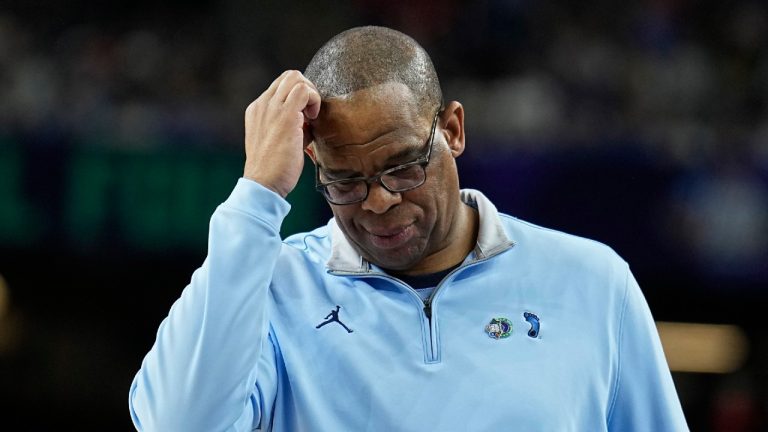 North Carolina head coach Hubert Davis reacts during the second half of a college basketball game against Kansas in the finals of the Men's Final Four NCAA tournament, Monday, April 4, 2022, in New Orleans. (Brynn Anderson/AP)