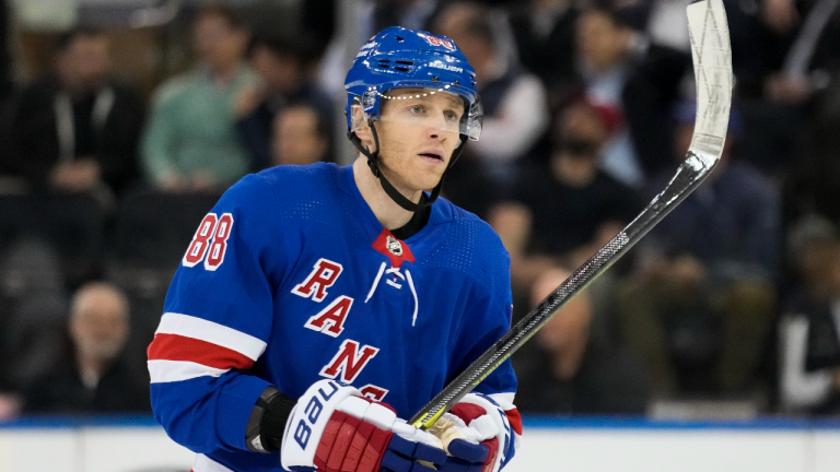 New York Rangers right wing Patrick Kane skates up the ice during the first period of an NHL hockey game against the Ottawa Senators, Thursday, March 2, 2023, in New York. (AP)