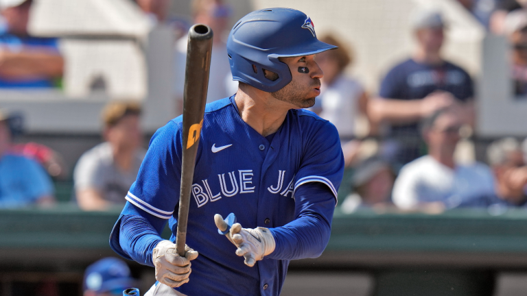 Toronto Blue Jays' Kevin Kiermaier watches his two-run triple off Detroit Tigers pitcher Angel De Jesus during the fourth inning of a spring training baseball game Saturday, March 4, 2023, in Lakeland, Fla. (AP)