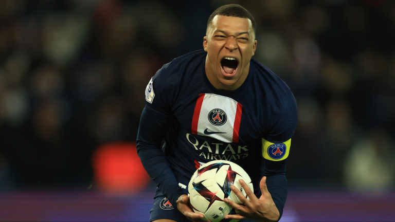 PSG's Kylian Mbappe celebrates after scoring his side's fourth goal during the French League One soccer match between Paris Saint-Germain and Nantes at the Parc des Princes in Paris, Saturday, March 4, 2023. (AP)